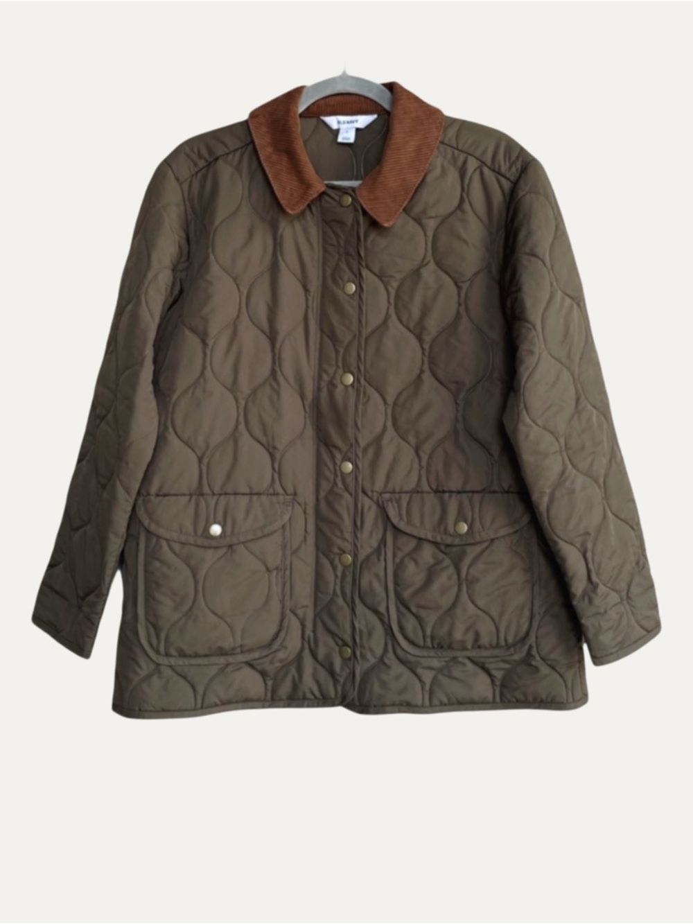OLD NAVY Olive Green Lightweight Quilted Barn Jacket w/ Brown Corduroy Collar